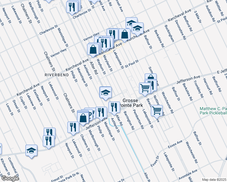 map of restaurants, bars, coffee shops, grocery stores, and more near 14939 Hampton Street in Grosse Pointe Park