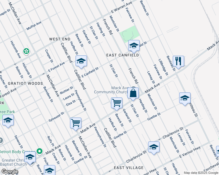 map of restaurants, bars, coffee shops, grocery stores, and more near 3823 Garland Street in Detroit