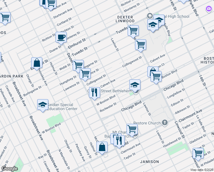 map of restaurants, bars, coffee shops, grocery stores, and more near 3280 Glynn Court in Detroit