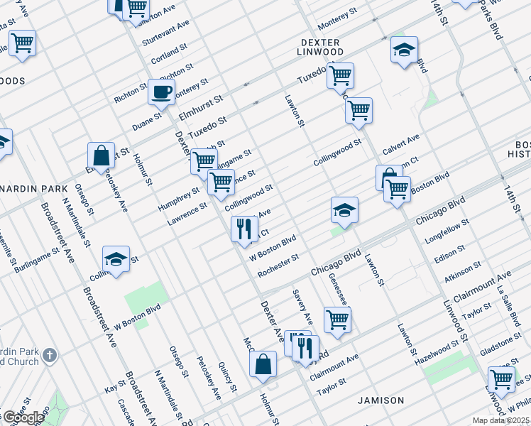 map of restaurants, bars, coffee shops, grocery stores, and more near 3280 Glynn Court in Detroit