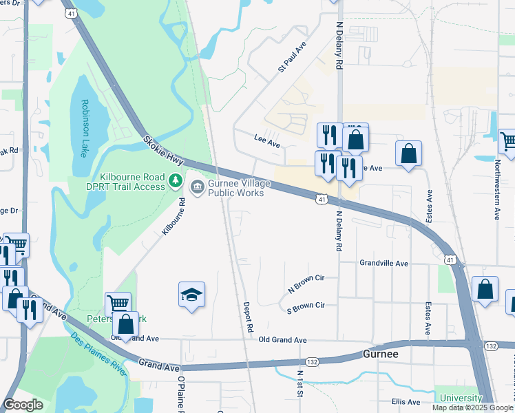 map of restaurants, bars, coffee shops, grocery stores, and more near 4311 Centennial Court in Gurnee
