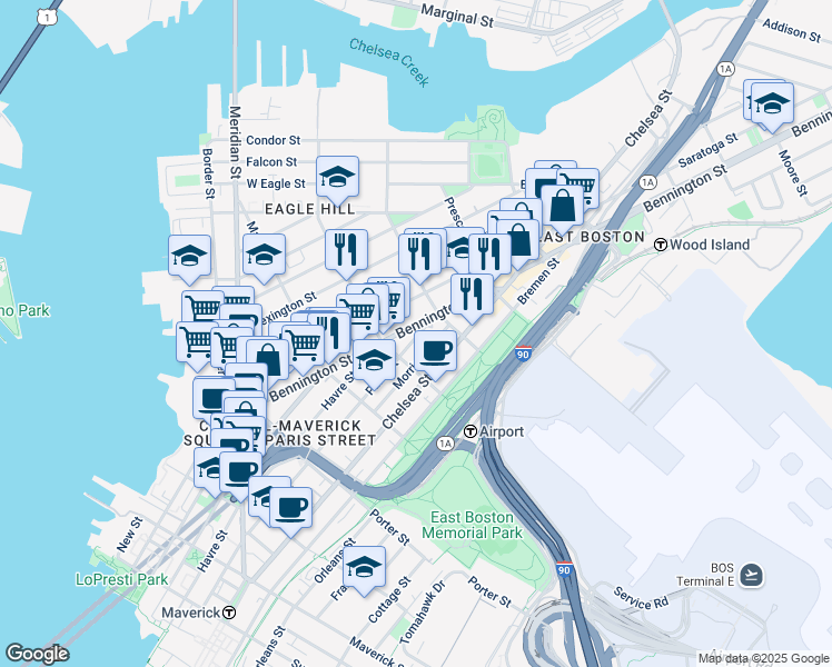 map of restaurants, bars, coffee shops, grocery stores, and more near 310 Paris Street in Boston
