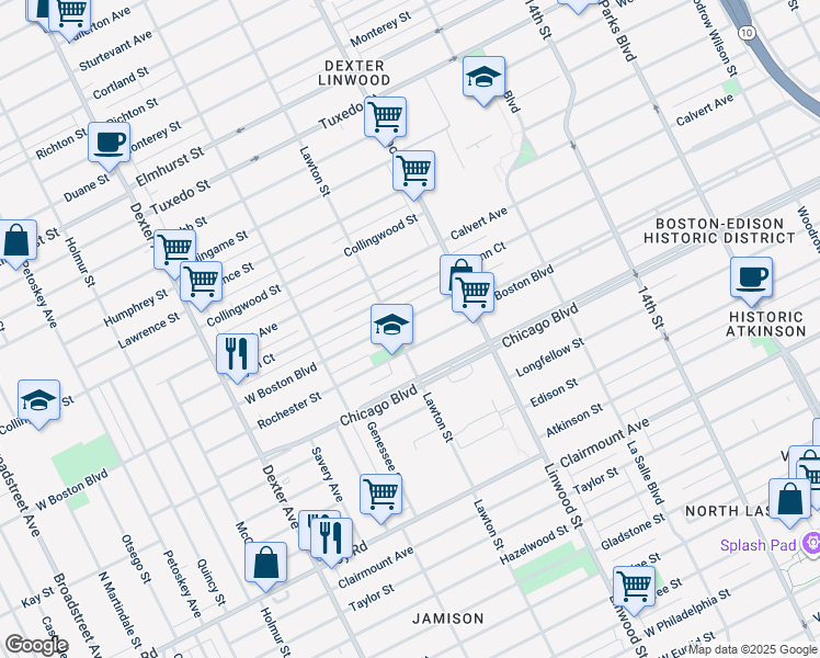 map of restaurants, bars, coffee shops, grocery stores, and more near 2725 West Boston Boulevard in Detroit