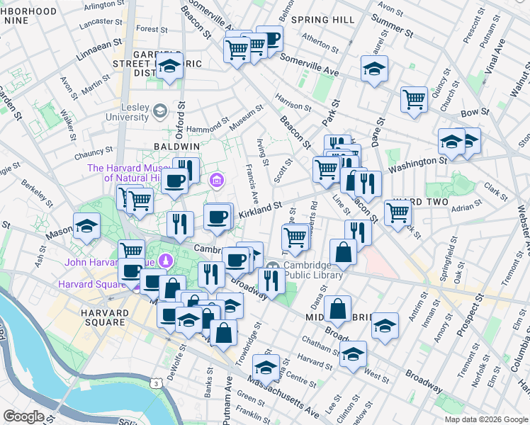 map of restaurants, bars, coffee shops, grocery stores, and more near 40 Irving Street in Cambridge