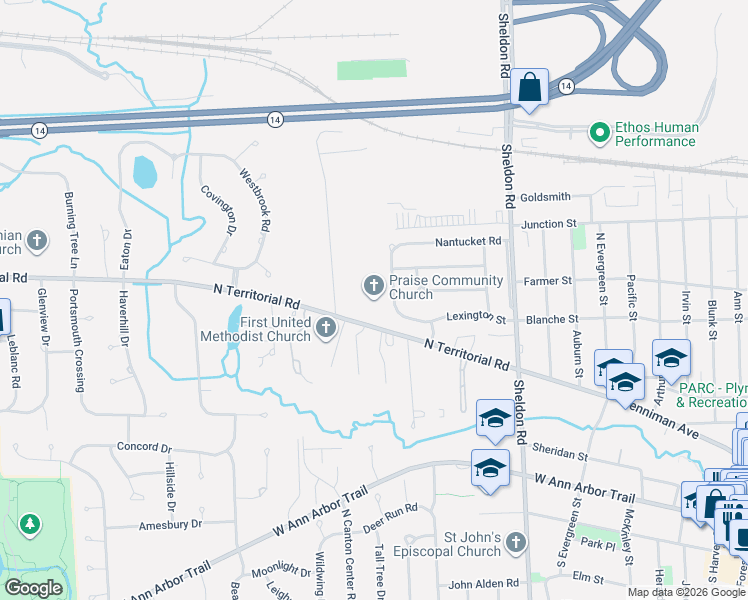 map of restaurants, bars, coffee shops, grocery stores, and more near 45000 North Territorial Road in Plymouth