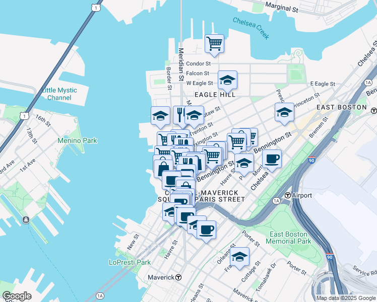 map of restaurants, bars, coffee shops, grocery stores, and more near 13 Princeton Street in Boston