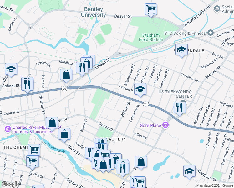 map of restaurants, bars, coffee shops, grocery stores, and more near 239 Main Street in Waltham