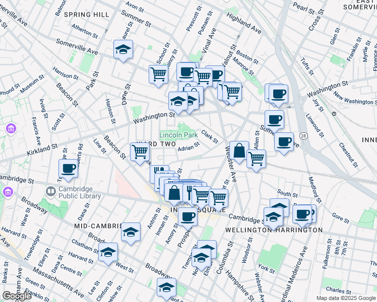 map of restaurants, bars, coffee shops, grocery stores, and more near 48 Concord Avenue in Somerville