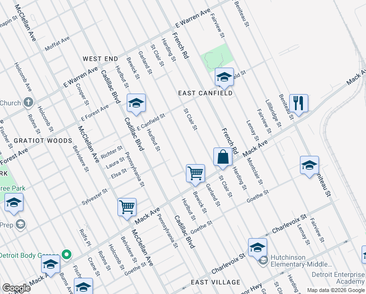 map of restaurants, bars, coffee shops, grocery stores, and more near 3823 Garland Street in Detroit