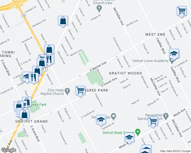 map of restaurants, bars, coffee shops, grocery stores, and more near 8401 East Forest Avenue in Detroit