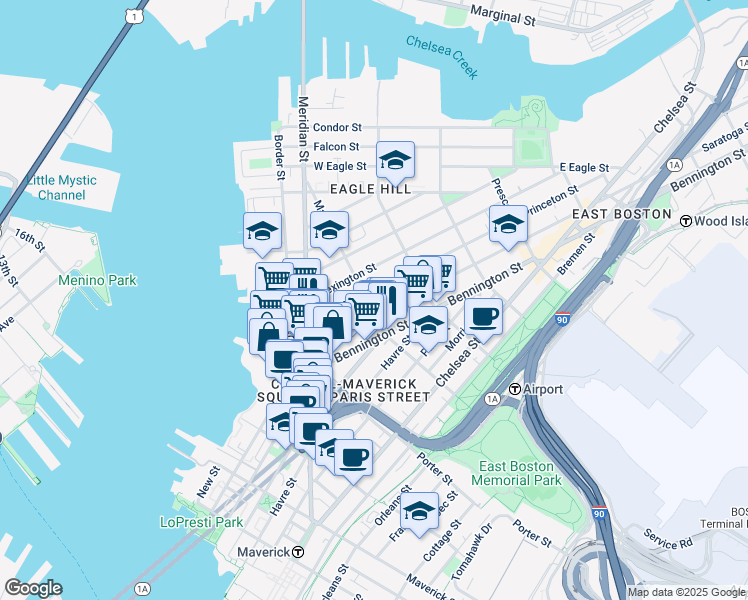 map of restaurants, bars, coffee shops, grocery stores, and more near 56 Saratoga Street in Boston
