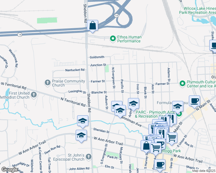 map of restaurants, bars, coffee shops, grocery stores, and more near 408 Auburn Street in Plymouth