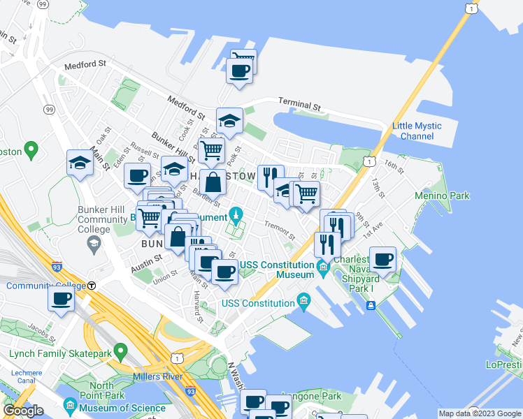 map of restaurants, bars, coffee shops, grocery stores, and more near 9 Lexington Street in Boston