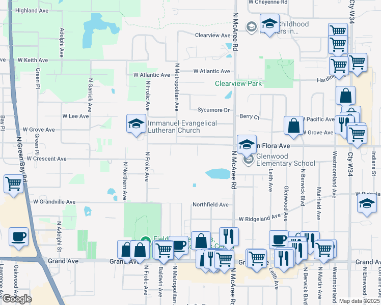 map of restaurants, bars, coffee shops, grocery stores, and more near 2815 West Glen Flora Avenue in Waukegan