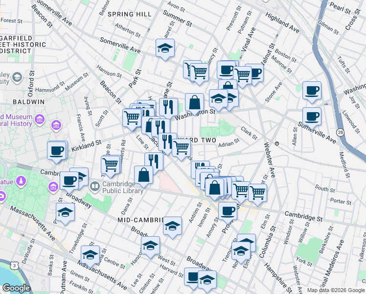 map of restaurants, bars, coffee shops, grocery stores, and more near 51 Dimick Street in Somerville