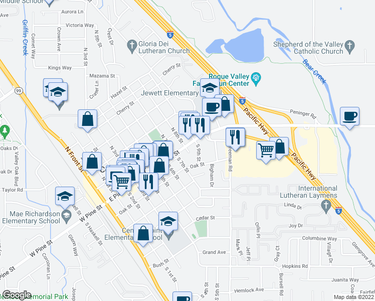 map of restaurants, bars, coffee shops, grocery stores, and more near 24 South 8th Street in Central Point