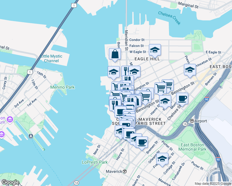 map of restaurants, bars, coffee shops, grocery stores, and more near 239 Border Street in Boston