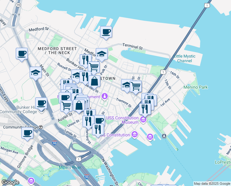 map of restaurants, bars, coffee shops, grocery stores, and more near 9 Lexington Street in Boston