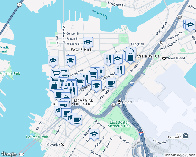 map of restaurants, bars, coffee shops, grocery stores, and more near 293 Havre Street in Boston