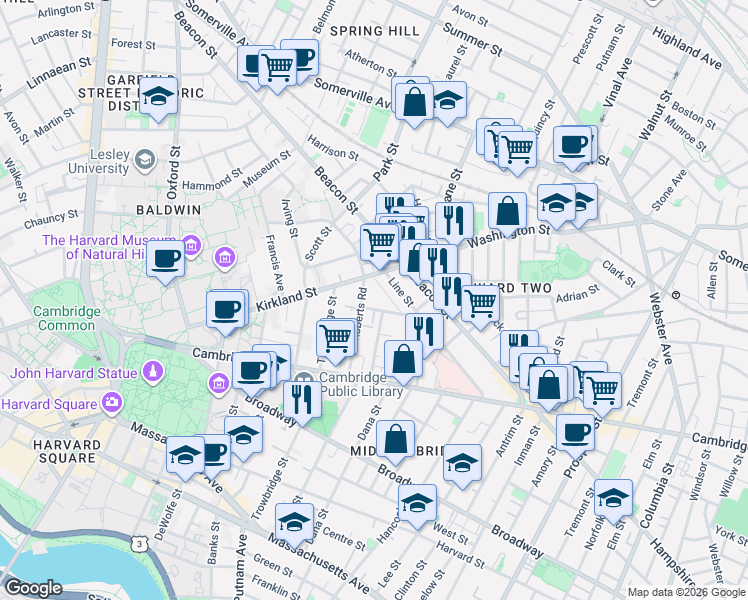 map of restaurants, bars, coffee shops, grocery stores, and more near 4 Lamont Avenue in Cambridge