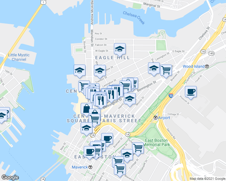map of restaurants, bars, coffee shops, grocery stores, and more near 79 Princeton Street in Boston