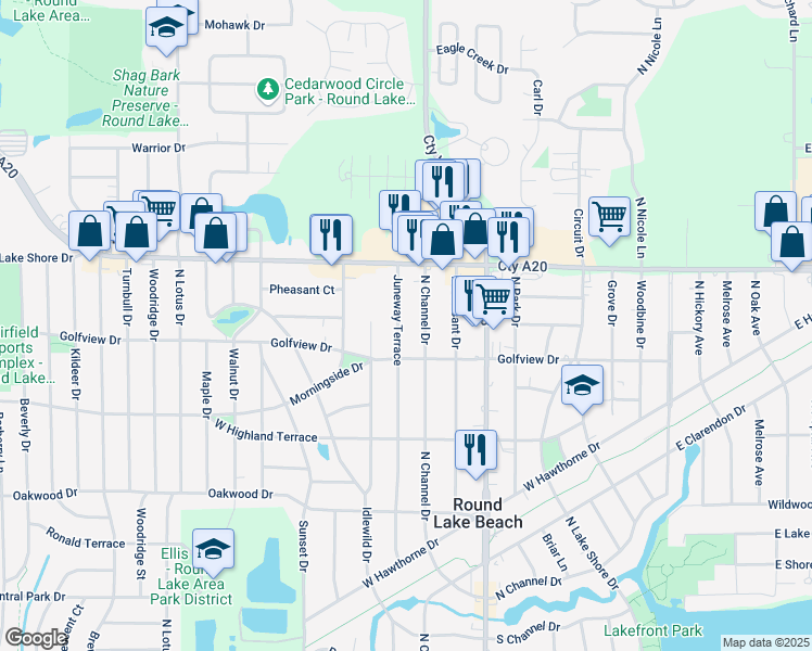 map of restaurants, bars, coffee shops, grocery stores, and more near 1522 Juneway Terrace in Round Lake Beach