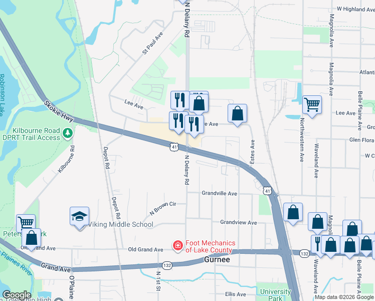 map of restaurants, bars, coffee shops, grocery stores, and more near U.S. 41 & N Delany Rd in Gurnee