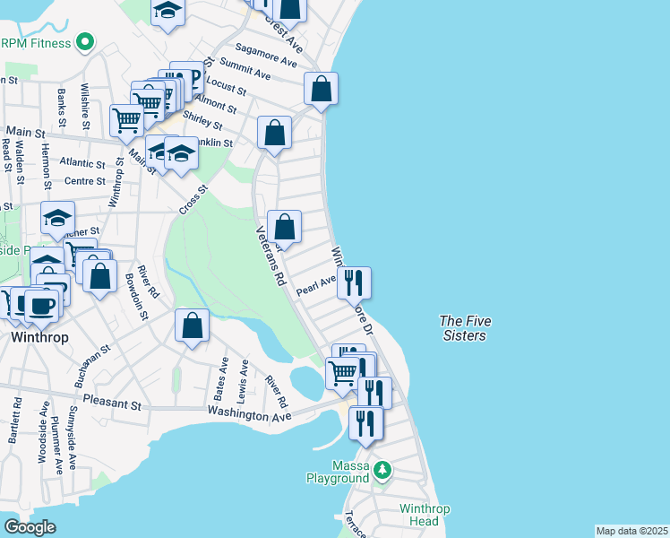 map of restaurants, bars, coffee shops, grocery stores, and more near 35 Pearl Avenue in Winthrop