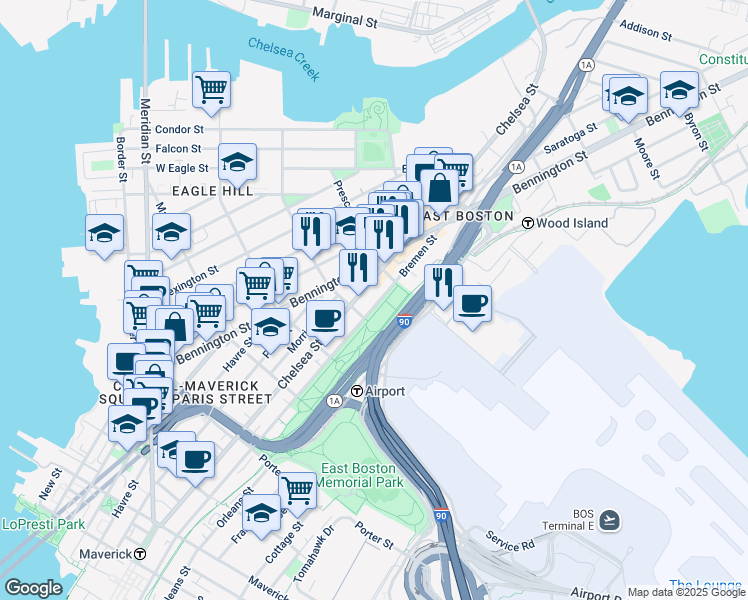 map of restaurants, bars, coffee shops, grocery stores, and more near 198 Putnam Street in Boston