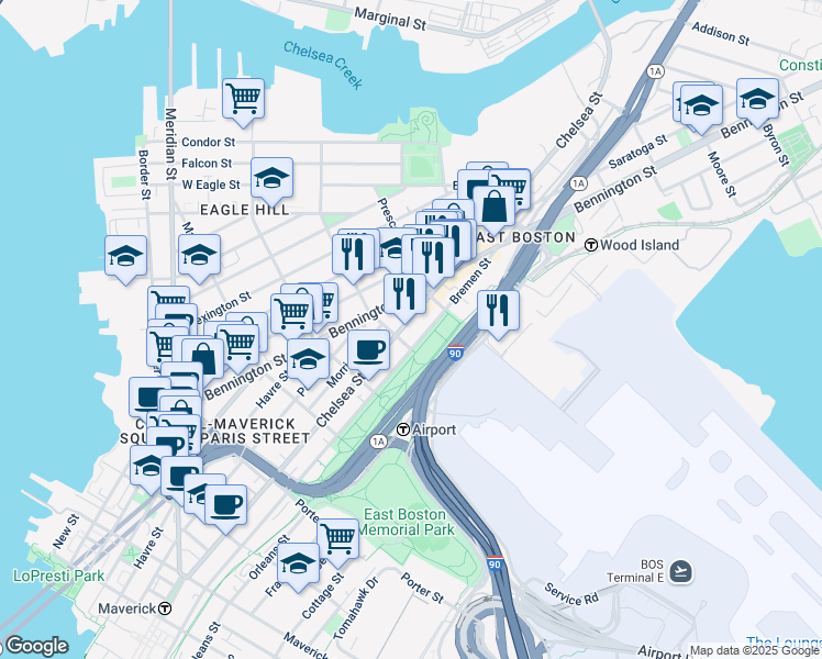 map of restaurants, bars, coffee shops, grocery stores, and more near 198 Putnam Street in Boston