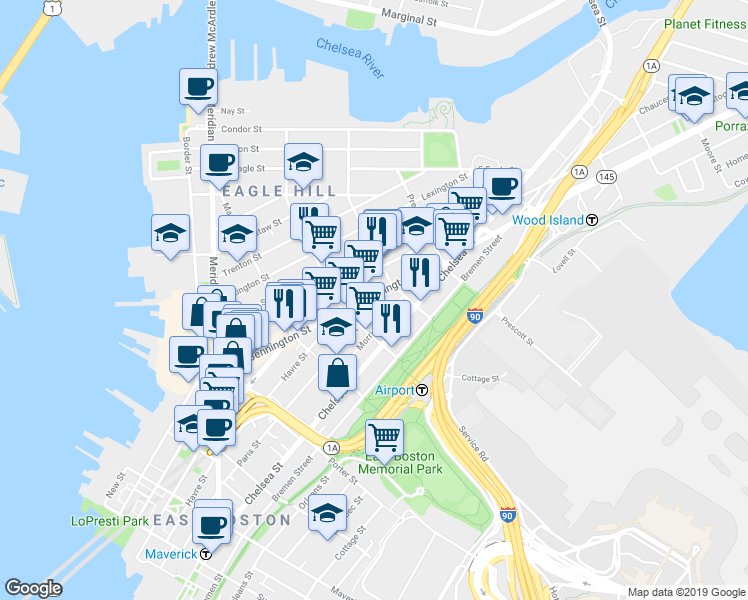 map of restaurants, bars, coffee shops, grocery stores, and more near 303 Paris Street in Boston