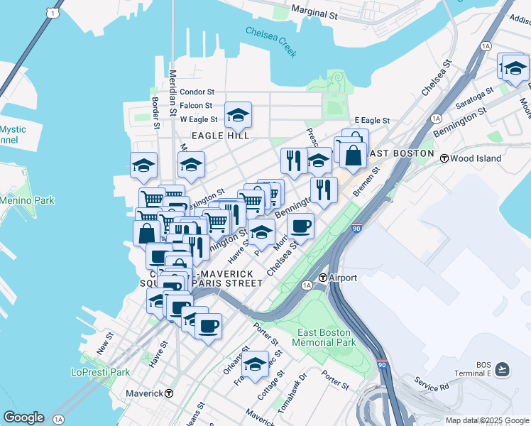 map of restaurants, bars, coffee shops, grocery stores, and more near 293 Havre Street in Boston
