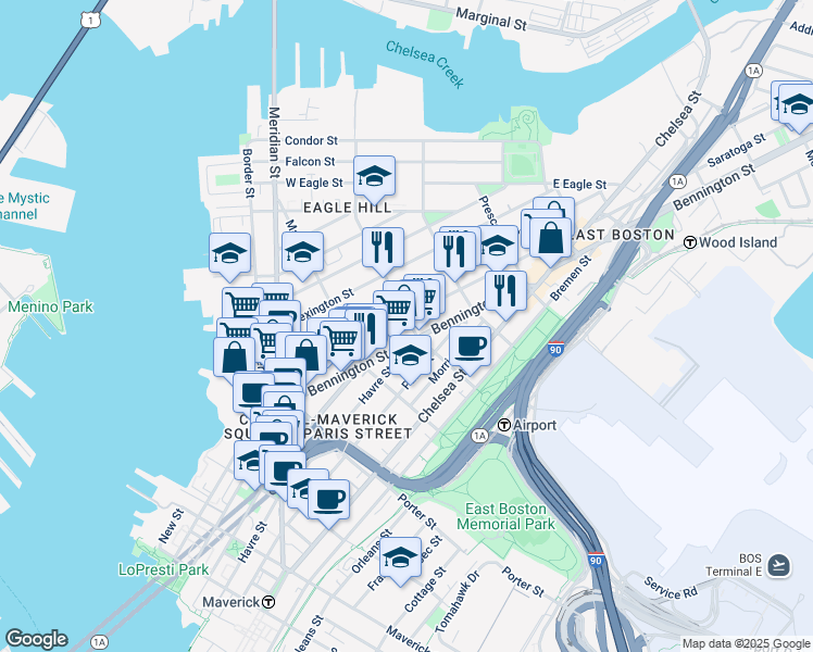 map of restaurants, bars, coffee shops, grocery stores, and more near 293 Havre Street in Boston