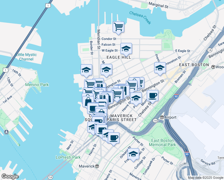 map of restaurants, bars, coffee shops, grocery stores, and more near 56 Saratoga Street in Boston