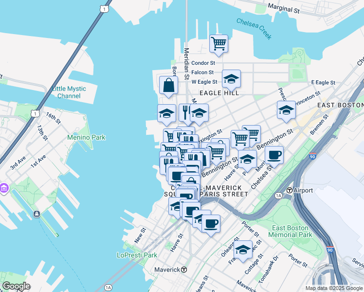 map of restaurants, bars, coffee shops, grocery stores, and more near 239 Border Street in Boston