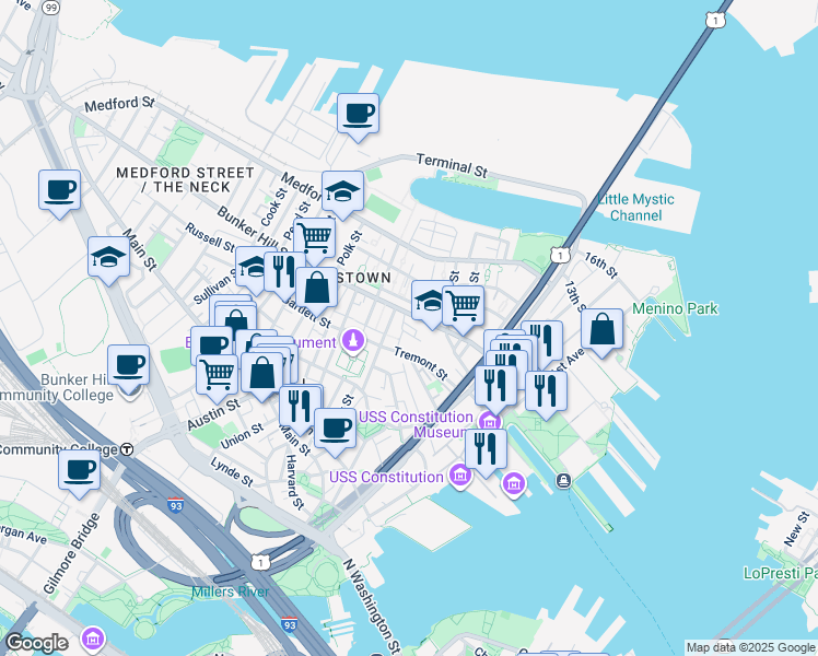 map of restaurants, bars, coffee shops, grocery stores, and more near 50 Bunker Hill Street in Boston