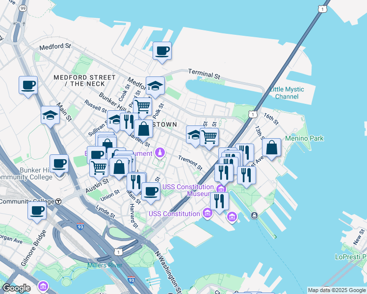 map of restaurants, bars, coffee shops, grocery stores, and more near 50 Bunker Hill Street in Boston