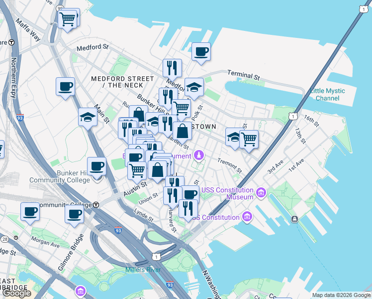 map of restaurants, bars, coffee shops, grocery stores, and more near 5 Cross Street in Boston