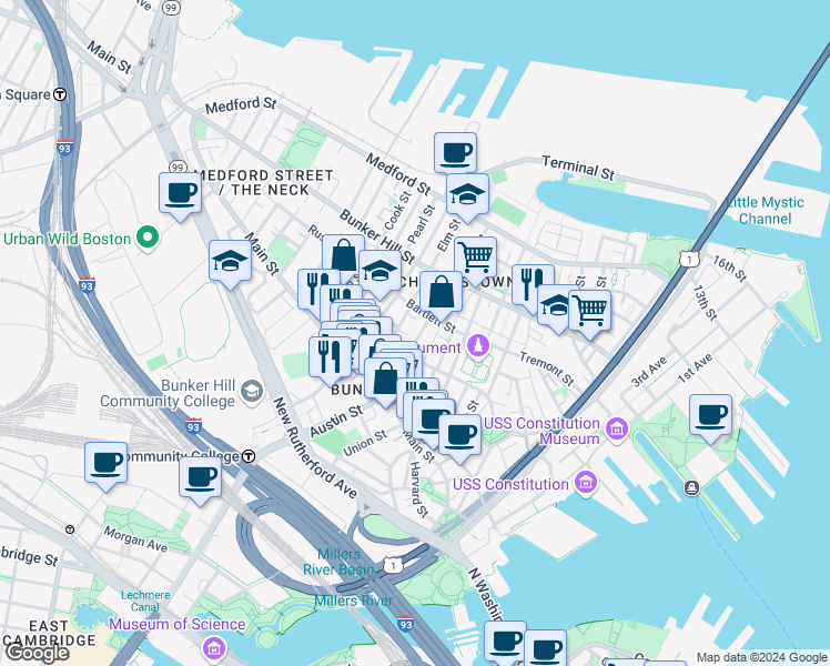 map of restaurants, bars, coffee shops, grocery stores, and more near 5 Cross Street in Boston