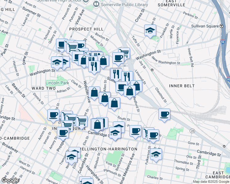 map of restaurants, bars, coffee shops, grocery stores, and more near 35 Merriam Street in Somerville
