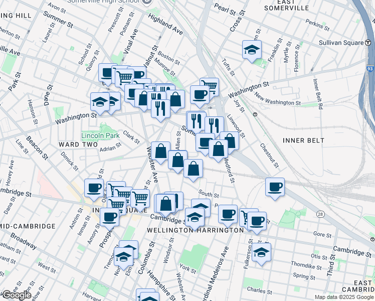 map of restaurants, bars, coffee shops, grocery stores, and more near 35 Merriam Street in Somerville