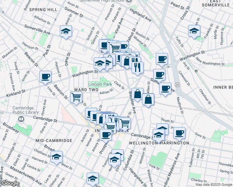 map of restaurants, bars, coffee shops, grocery stores, and more near 22 Concord Avenue in Somerville