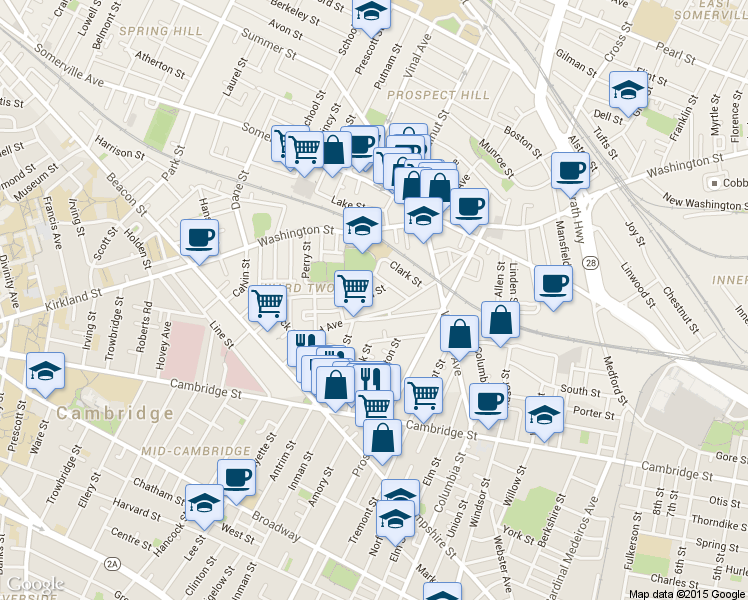 map of restaurants, bars, coffee shops, grocery stores, and more near 48 Concord Avenue in Somerville