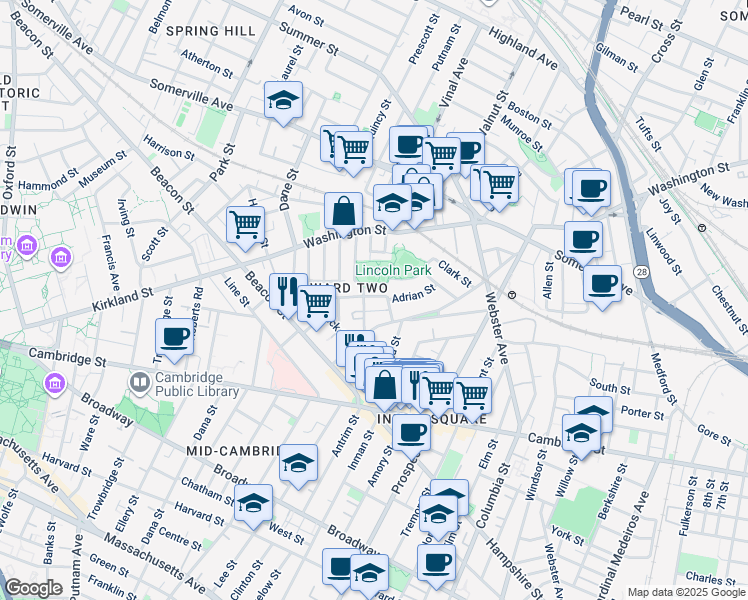 map of restaurants, bars, coffee shops, grocery stores, and more near 68 Concord Avenue in Somerville
