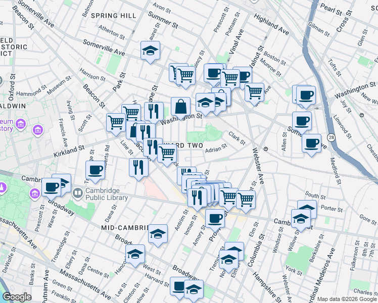 map of restaurants, bars, coffee shops, grocery stores, and more near 10 Wyatt Circle in Somerville