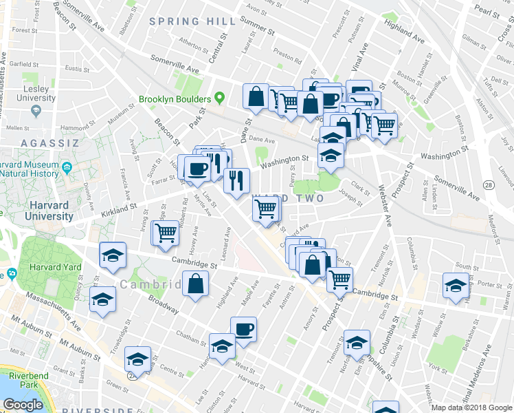 map of restaurants, bars, coffee shops, grocery stores, and more near 15 Buckingham Street in Somerville