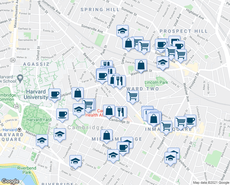 map of restaurants, bars, coffee shops, grocery stores, and more near 59 Magnolia Avenue in Cambridge