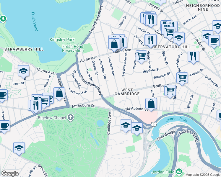 map of restaurants, bars, coffee shops, grocery stores, and more near 202 Brattle Street in Cambridge
