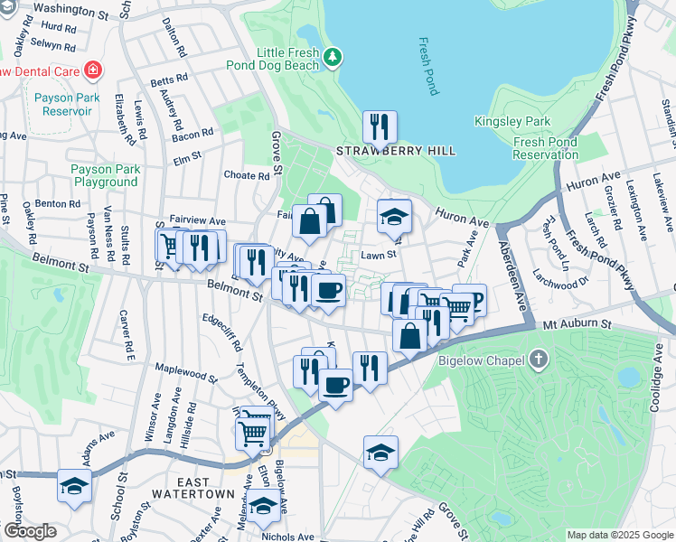map of restaurants, bars, coffee shops, grocery stores, and more near 24 Exeter Street in Belmont