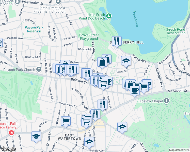 map of restaurants, bars, coffee shops, grocery stores, and more near 15 Marlboro Street in Belmont